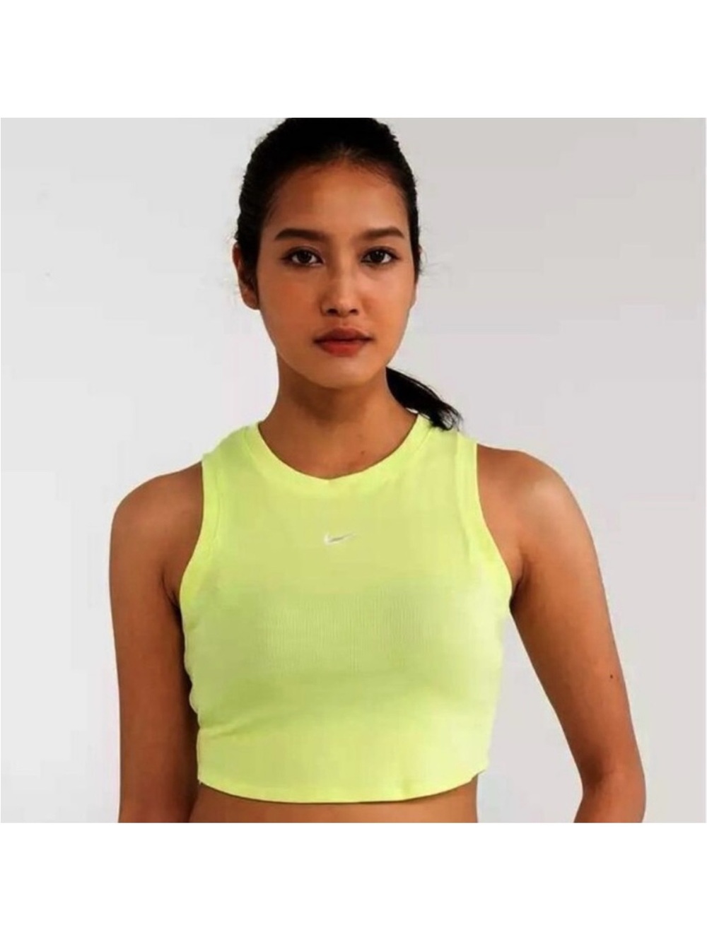 Nike Women's Neon Yellow Ribbed Cropped Tank with White Swoosh
